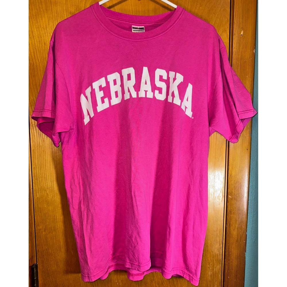 Nebraska Arched Text Cornhuskers Womens Pink Graphic T Shirt Large Jerzees Heavy